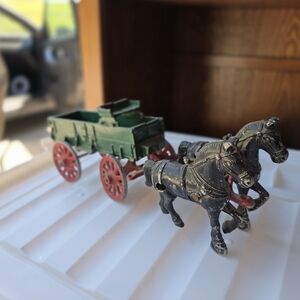 Two Antique Horse-Drawn Wagon Toy - Green and Black